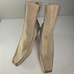 Bronx Women's Beige Suede Wedge Ankle Boots Size 39 Square Toe Zip Up